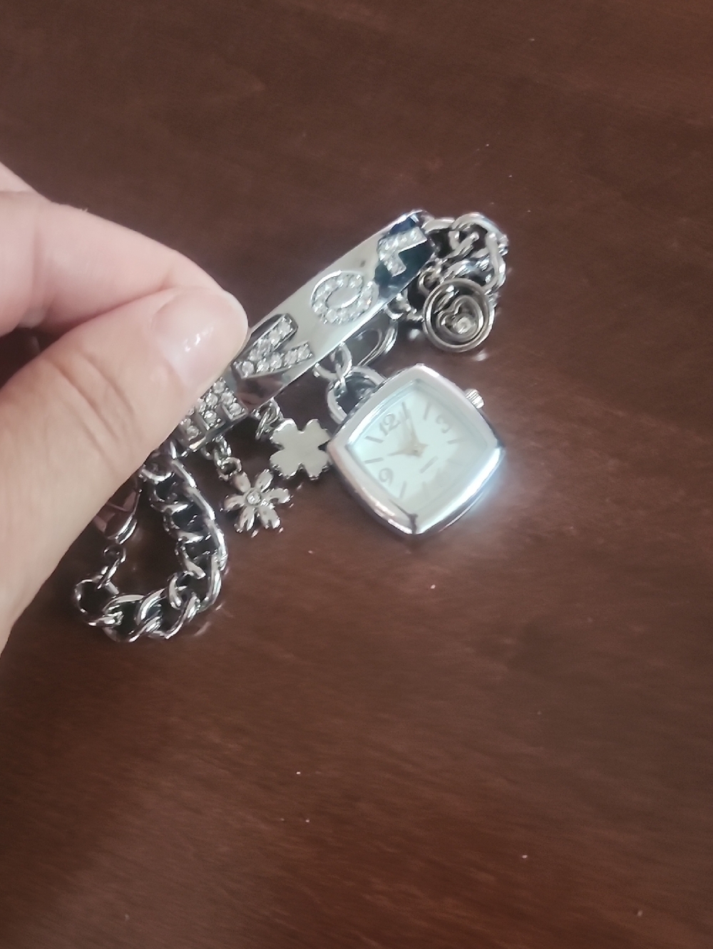 Silver Charm Bracelet Watch with Crystal Accents - Women's Accessory